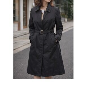Weather Tamer Trench Coat Women Large Black Belted Mid Length Rain Jacket L